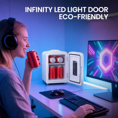 Image of Electactic 4L Mini Fridge for Bedroom with LED Gaming Light, 110V AC /12V DC Mini Refrigerator for Home and Car, 6-Can Portable Fridge for Car,Gaming Room,Dorm,Food,Drinks,Cosmetics and Skincare,White