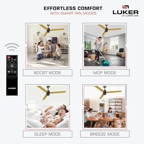 Image of LUKER JVLuker USA Aerozen Prime 1200mm BLDC Ceiling Fan | IR Remote | BEE 5 Star | Power Saver upto 65% | High Air Delivery | U-LED Speed Indicator | Reverse Mode, 3 Years Warranty, Black Yellow Gold