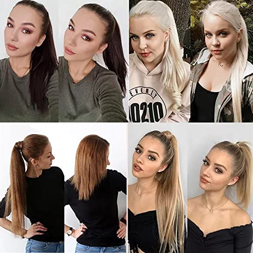 Ponytail Extension Human Hair 100% Real Remy Human Hair Wrap Around Ponytail Long Straight Ponytail Hairpiece Pony Tails Hair Extensions (16Inch, 16/613（Light Blonde To Bleach Blonde）) #TOP6