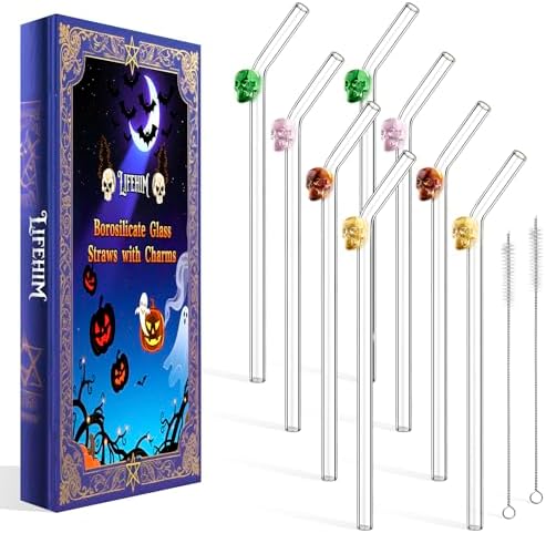 Cute Glass Straws with Charms and Halloween Straws - Reusable Bent Clear Glass Drinking Straws Set with Colored Skull for Silly Crazy Fun Fall Parties & Gift Giving, Include 2 Cleaner Brushes -8mm 9in
