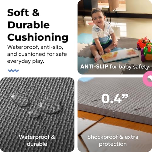 Image of MioTetto Baby Play Mat, Comfortable Tummy Time Mat - Portable Foam Floor Tiles, Safe baby mat for floor for Crawling & Development, Soft play mat for babies 0-6 months, Stylish interlocking foam tiles