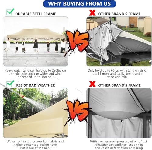Image of COBIZI 10x20 Heavy Duty Pop Up Canopy Tent with 6 Sidewalls Thicken Frame, Commercial Easy Up Outdoor Wedding Party Tents, All Season Waterproof Windproof with Stakes Sandbags Ropes Roller Bag, Desert