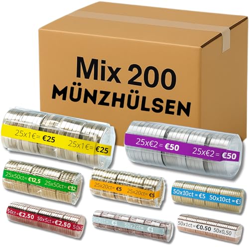 AF® - 200 Münzhülsen mannigfach | 25 Münzrollen für 2 euro, 1 euro, 50cent, 20cent, 10cent, 5 2 und 1 cent, 25 Münzrollen Kunststoff x 8 Münzen