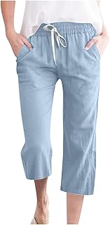 2025 - Pantalones capri casuales de algodón y lino de color sólido para mujer con cintura elástica y cordón y bolsillo lateral Pantalones a cuadros para mujer 38 40