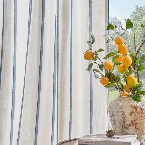 Vangao Striped Curtains Blue on White Semi Sheer Curtains 63 Inches Long for Bedroom Living Room Modern Farmhouse Linen Textured Light Filtering Drapes 2 Panels Blue W50 x L63 Inch