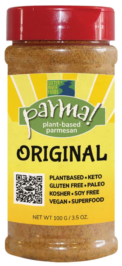 Parma! Plant-Based Parmesan Original Vegan Parmesan Superfood Cheesey Cheezy Burst eat on popcorn salad veggies Keto Gluten Free Kosher Gluten Free Dairy Free Umami Cheese – one 3.5oz bottle