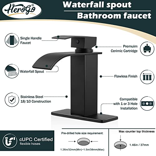 Image of Herogo Bathroom Faucet with Sink Drain, Matte Black Single Handle Waterfall Bathroom Sink Faucet with Water Supply Hoses for 1 Hole or 3 Holes, Stainless Steel, for Vanity RV Lavatory