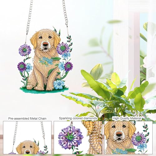 Image of AiYuanzsh Golden Retriever Dog Diamond Art Painting Hanging Pendant Kit Animal Special Shaped Diamond Dots Art Acrylic Ornaments Diamond Art Pendant for Adult Home Wall Window Decor Gift