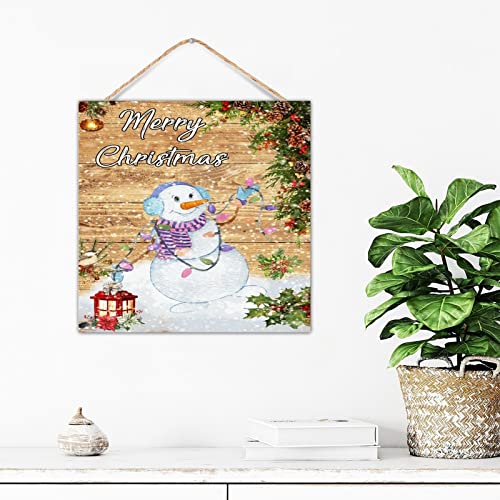 Panneau mural de Noël en bois vieilli 30x30 cm avec motif bonhomme de neige rustique