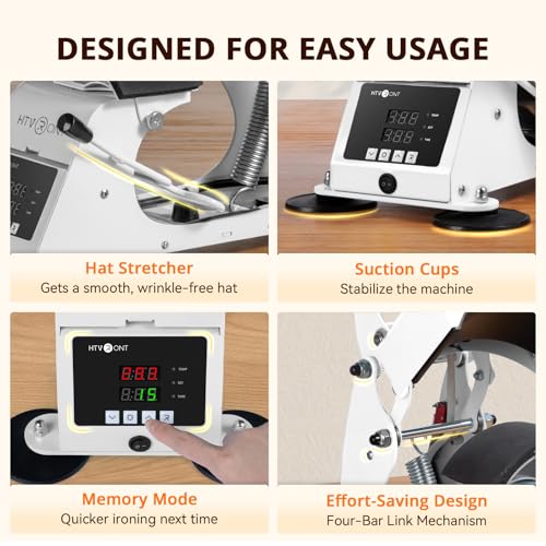 HTVRONT Hat Press Machine - Hat Press Heat Machine for Caps Curved Teflon-Coated Heat Plate, White Hat Heat Press Machine for Caps with Memory Mode and Non-Slip Base for Heat Transfer Vinyl