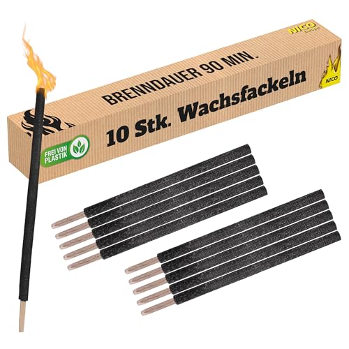 Nico Feuerwerk® 10 Stück Wachsfackeln, Brenndauer 90 Min. I hochwertige Fackeln aus Wachs mit Handschutz für Erwachsene & Kinder I Garten-Fackel für Outdoor Party, Event, Nacht-Wanderung