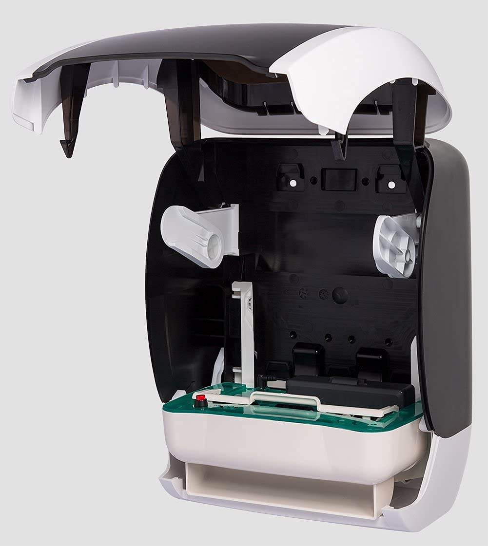 Dispensador de toallas de alta calidad para toallas de papel con función de sensor y funcionamiento con batería o alimentación, incluidos 6 rollos de toallas de papel (rojo/blanco)