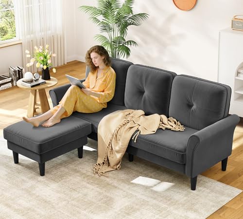 Image of Kidirect Small Sectional Couch, 83 inch L Shaped Couch, Comfy Velvet Couches for Living Room, Tool-Free Setup Modular Sectional Sofa, 850lbs Load Sofas for Living Room with 1 Movable Ottoman, Grey Couch