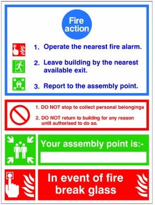 Fire Action Sign 'Alarm, Nearest Exit, Assembly point, break glass' Sign 150x200 Rigid Plastic