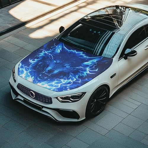Image of Cool Lightning Wolf Hood Cover for Car SUV Sedan Truck, Waterproof Elastic Polyester Car Hood Protector, Cool Decorations for Automotive Exterior Accessories