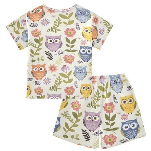 ALAZA Owl Bird Flower Pajamas Set Short Sleeve Cotton Sleepwear Summer Pjs 2 Piece 5-14Y2