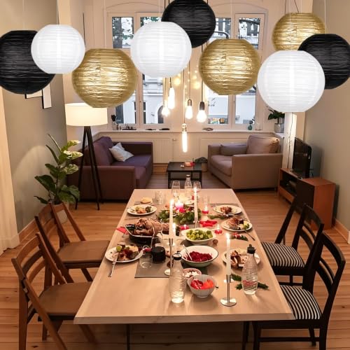 Image of Black Gold white Paper Lanterns Decorations for Graduation Anniversary New Year Farewell Retirement Birthday Party Graden Decor 9pcs
