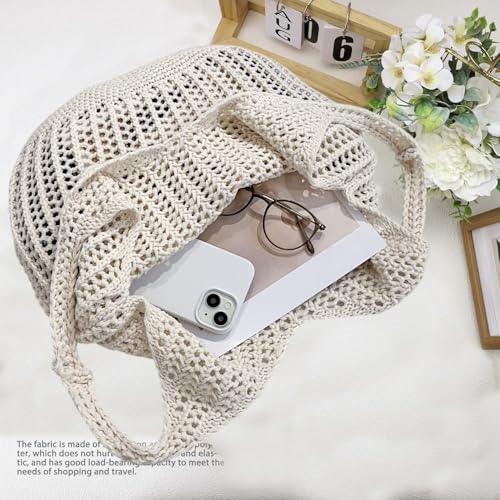 Image of Beach Crochet Tote Bag Mesh Knitted Bag Large Aesthetic Shoulder Bag Handbags Hollow Hobo Bag for Women Summer (Beige)