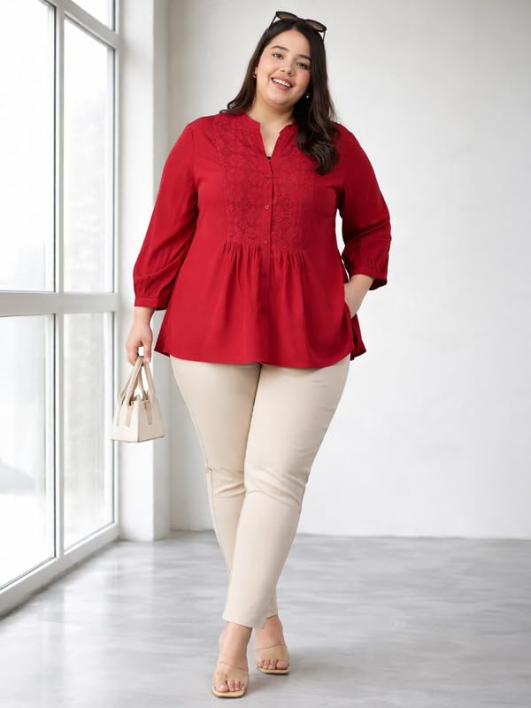 Image of oxolloxo Plus Size Polyester Casual Tops | Relaxed Fit Solid Solid V-Neck |Regular Curved Tops ForPlus Size Women |Green