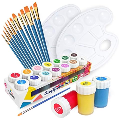 Tritart Acrylic Paint Set of 14 Paints, 12 Brushed & 2 Palllets - Waterproof & Rich & Non Toxic Paints for Adults and Kids - Suitable for Canvas, Glass & Stone Cover