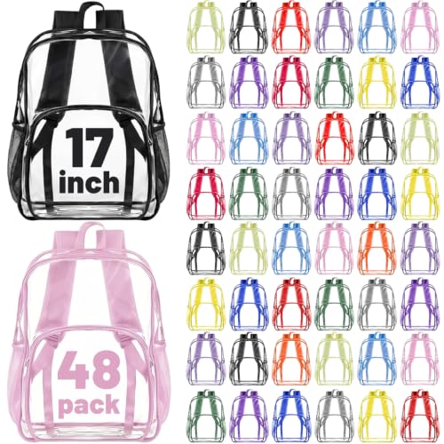 Image of Amylove 48 Pcs Clear Backpack bulk for Stadium Events Heavy Duty PVC Transparent Bookbag for College Workplace Security (17 Inches,12 Colors)