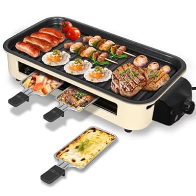 Electric Indoor Grill,2 in 1 Smokeless Indoor Grill for Kitchen with Grill Net & Non-Stick,Table Grill Non-Stick Grilling Plate,Portable Korean BBQ Grill with 3 Raclette Cheese Pans