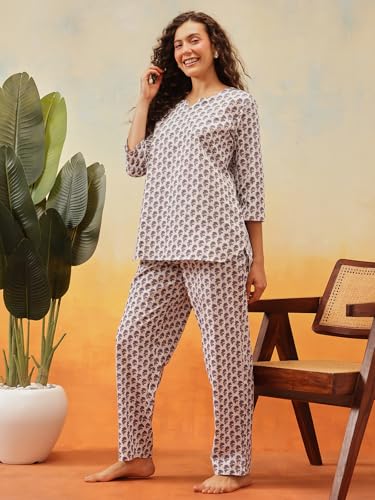 Image of Clovia Women's Cotton Floral Printed Kurta Style Top & Pyjama Nightsuit Set
