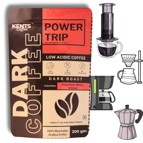 Image of Kents Coffee Power Trip - Dark Roast Coffee | LOW ACIDIC COFFEE | For Moka Pot, Drip Coffee Machines, Pour Over V60, Traditional Filter | 100% Indian Arabica | Bitter & Intense| Medium Fine Grind| Single Estate Chikmangalur | Washed Arabica Beans | Vienna Roast 200g Pack