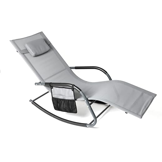 Wostore Rocking Lounger Patio Chaise Sunbathing Chair with Recliner Movable Sleep Bed Included Pillow and Breathable Texteline Farbic-Grey