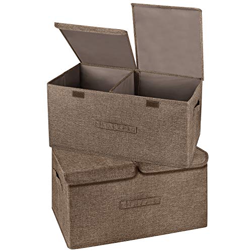 Image of 2 Pack Large Storage Boxes with Lids and Handles, Collapsible Linen Storage Bins Organizer Containers Baskets Cube with Removable Divider for Home Bedroom Closet Office (Coffee, Large)