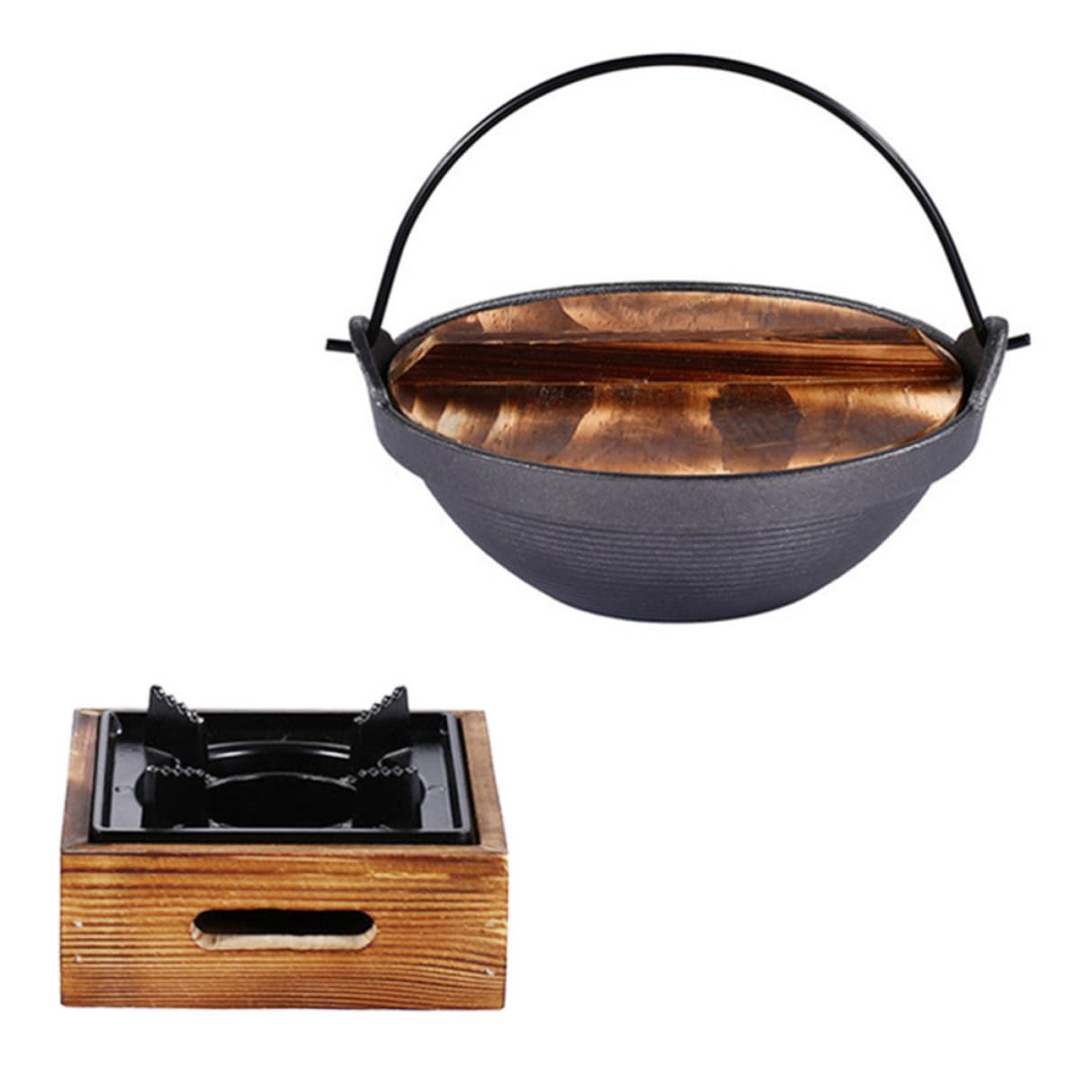 Olla de Hierro Colgante para Cocina Doméstica, Olla de Hierro Fundido con Mango de Madera, Fácil de Limpiar Cocinar Fideos Instantáneos