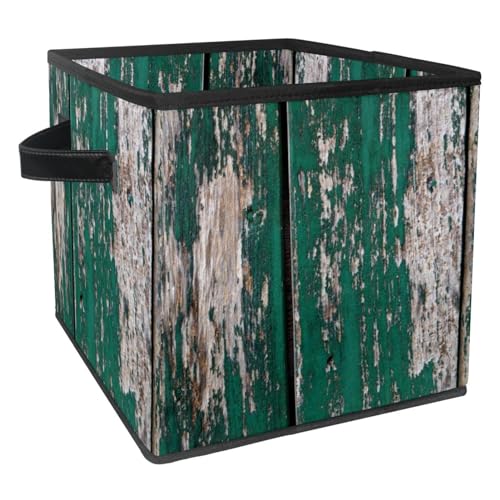 Cube de rangement vert sarcelle imprimé bois rustique avec poignées