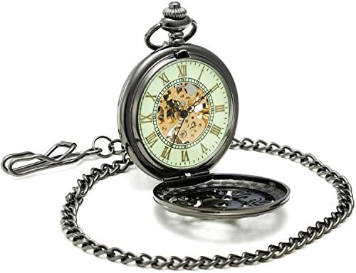 SEWOR Vintage Gentleman Mechanical Hand Wind Pocket Watch Luminous Dial Magnifier Glass (Carved Black-2)