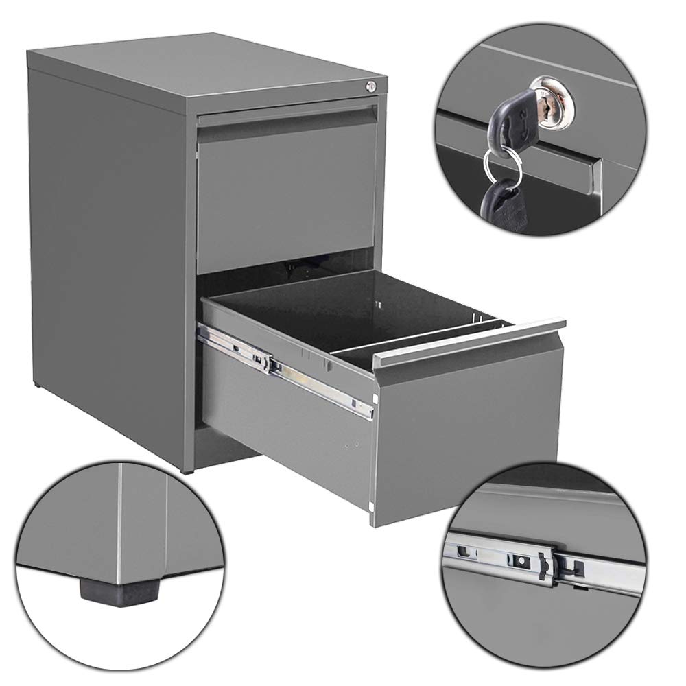 OFITURIA ® Archivador Metálico Organizativo De Oficina Gris RAL9006 con 2 Cajones para Carpetas DIN A4 Y Folio, Documentos con Llave, 62 X 46 X 72