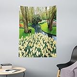 ABAKUHAUS Frühling Wandteppich, Blumengarten im Erholungspark mit frischem Grasfeld und Teich Naturszene, aus Weiches Mikrofaser Stoff Wand Dekoration Für Schlafzimmer, 110 x 150 cm, Grün und Braun