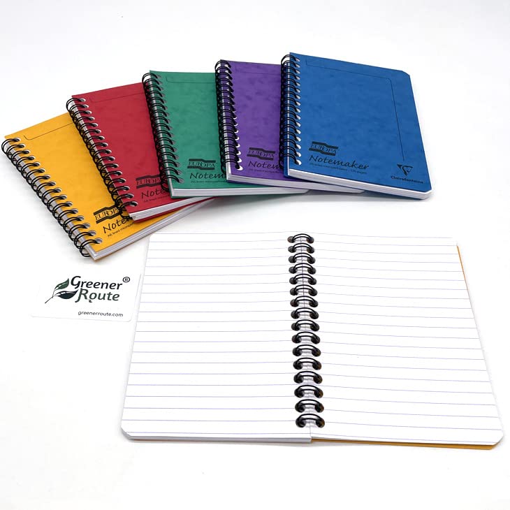 Greener Route [PACK of 5] A6 Double Spiral Wire bound Notebook Assorted Colour Eco friendly packing & plastic free Packaging - 120 Detachable pages, 90Gsm Clairefontaine Paper, Resistant Cover