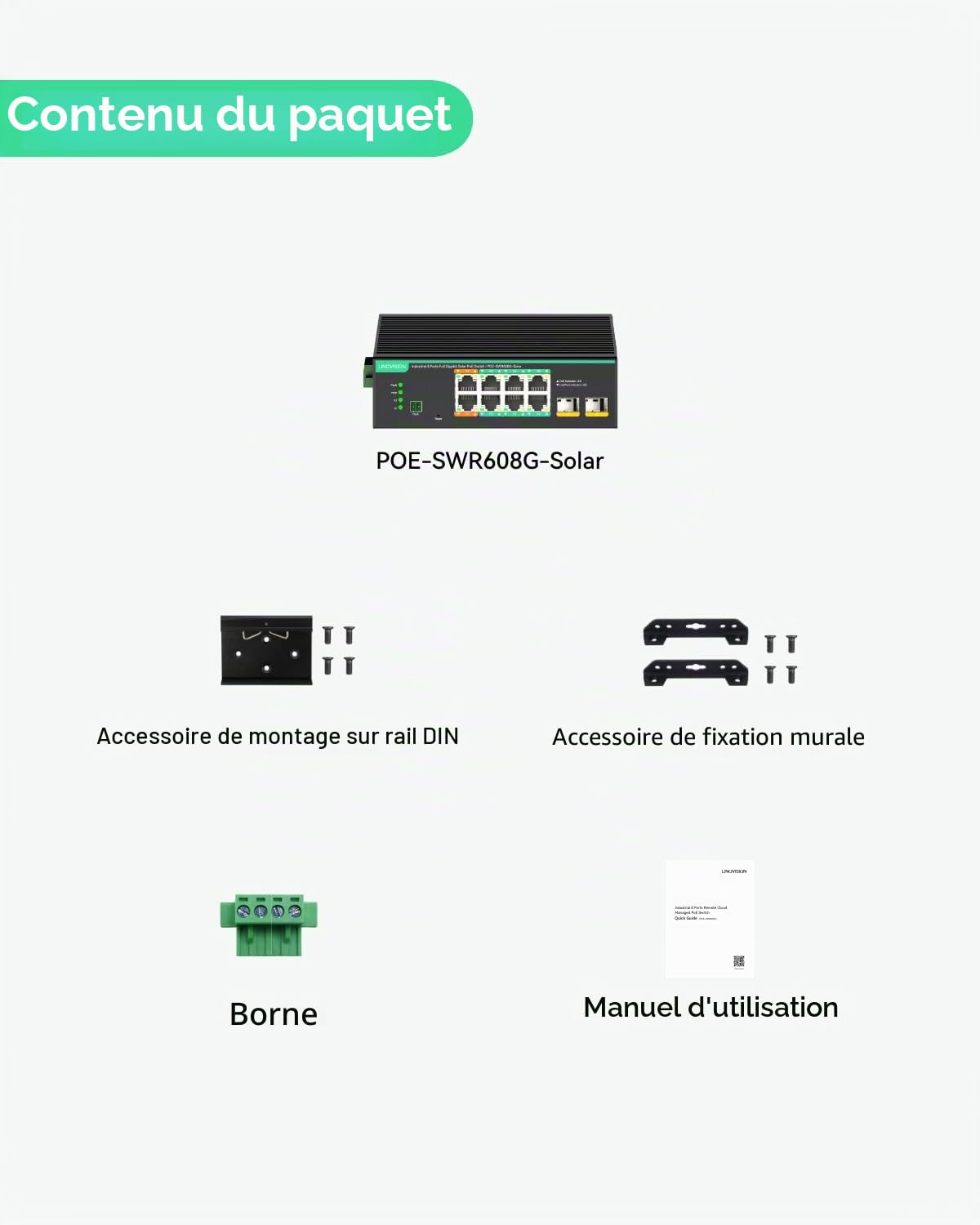 LINOVISION Switch PoE Industriel 8 Ports Gigabit, entrée DC 12~57V. Switch PoE 12V/24V Compatible systèmes solaires/UPS , avec 2 Ports PoE+ Haute Puissance pour caméras PTZ ou AP sans Fil.