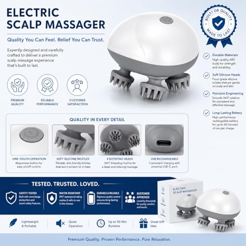 Image of TENS Men Women Electric Scalp Massager, Hair Kneading Massager, Smart Head Massage Scalp with 4 Massage Heads Deep Clean and Stress Relax, Body Massager for Muscles Shoulder Calf