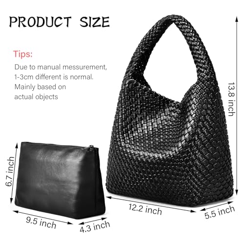 oscaurt Tragetasche für Damen, gewebte Ledertasche, gewebte Tragetasche, Damen-Handtaschen, Schultertaschen, Einkaufstasche, Top-Griff, Tasche mit Beutel, Geldbörse, Schwarz , Large
