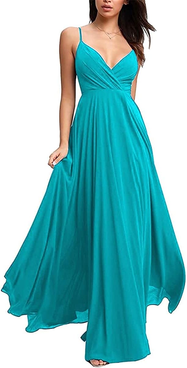 Spaghetti Strap V Neck Junior Bridesmaid Dresses Long for Wedding Chiffon Prom Formal Maxi Dress Women