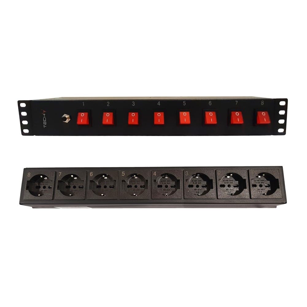 Techly Professional 367829 Multipresa a 8 Posti da Rack 19" con 8 Interruttori Luminosi 1,5U Nero