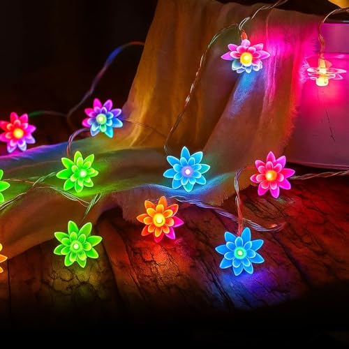 Image of MPROW Lotus Flower String Lights - 2O LED Fairy Lights with Remote, Waterproof Decorative Lights for Home, Diwali, Christmas, Wedding, Party, Garden, and Bedroom (Multicolor)