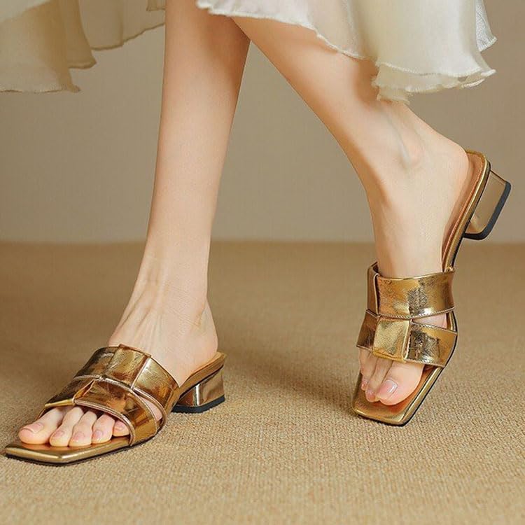 Women'S Patent Leather Braid Chunky Heeled Summer Slides Sandals, Simple Fashionable Square Open Toe Low Block Heel Dress Sandals, Comfortable Beach Walking Party Slippers4