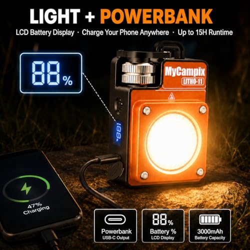 MyCampix Portable Camping Light, 3500LM Adjustable LED Camping Lantern Rechargeable with 2.5-15H Runtime&Screen, Alloy Waterproof Camp Light for Power Outages, Emergency, Hurricane(2-Pack Orange) by MyCampix - Image 3