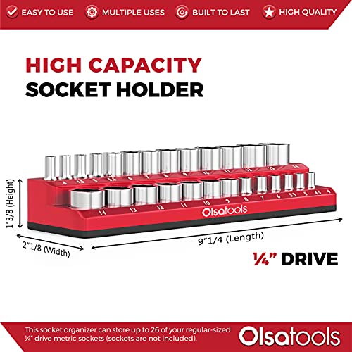 Image of Olsa Tools Magnetic Socket Holder - 1 /4-Inch Drive Metric Socket Organizer with Strong Magnets - Professional Tool Holder and Tool Organizer - Holds up to 26 Sockets - Red - Part: 1301