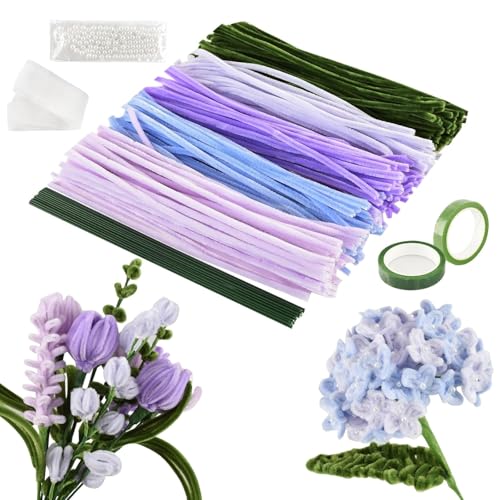 EOPUOZS Limpiapipas Manualidades, 250 Piezas Limpia Pipas Multicolor, Set de Limpiapipas Flores con Palitos de Flores Verdes, Cintas, Cuentas para Ramos DIY Manualidades, Morado
