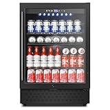 Tylza Beverage Refrigerator 24 Inch, Under Counter/Freestanding Drink Fridge, 190 Cans Beverage Cooler with Glass Door, Reversible Door, Low Noise, Quick Cooling - for Beer, Soda, ETC, Black