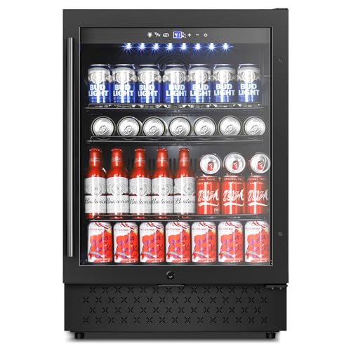 Image of Tylza Beverage Refrigerator 24 Inch, Under Counter /Freestanding Drink Fridge, 190 Cans Beverage Cooler with Glass Door, Reversible Door, Low Noise, Quick Cooling - for Beer, Soda, ETC, Black