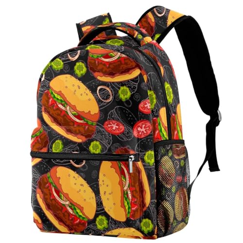 Sac à dos fille et garçon motif hamburger multicolore, grand sac école ado et loisirs