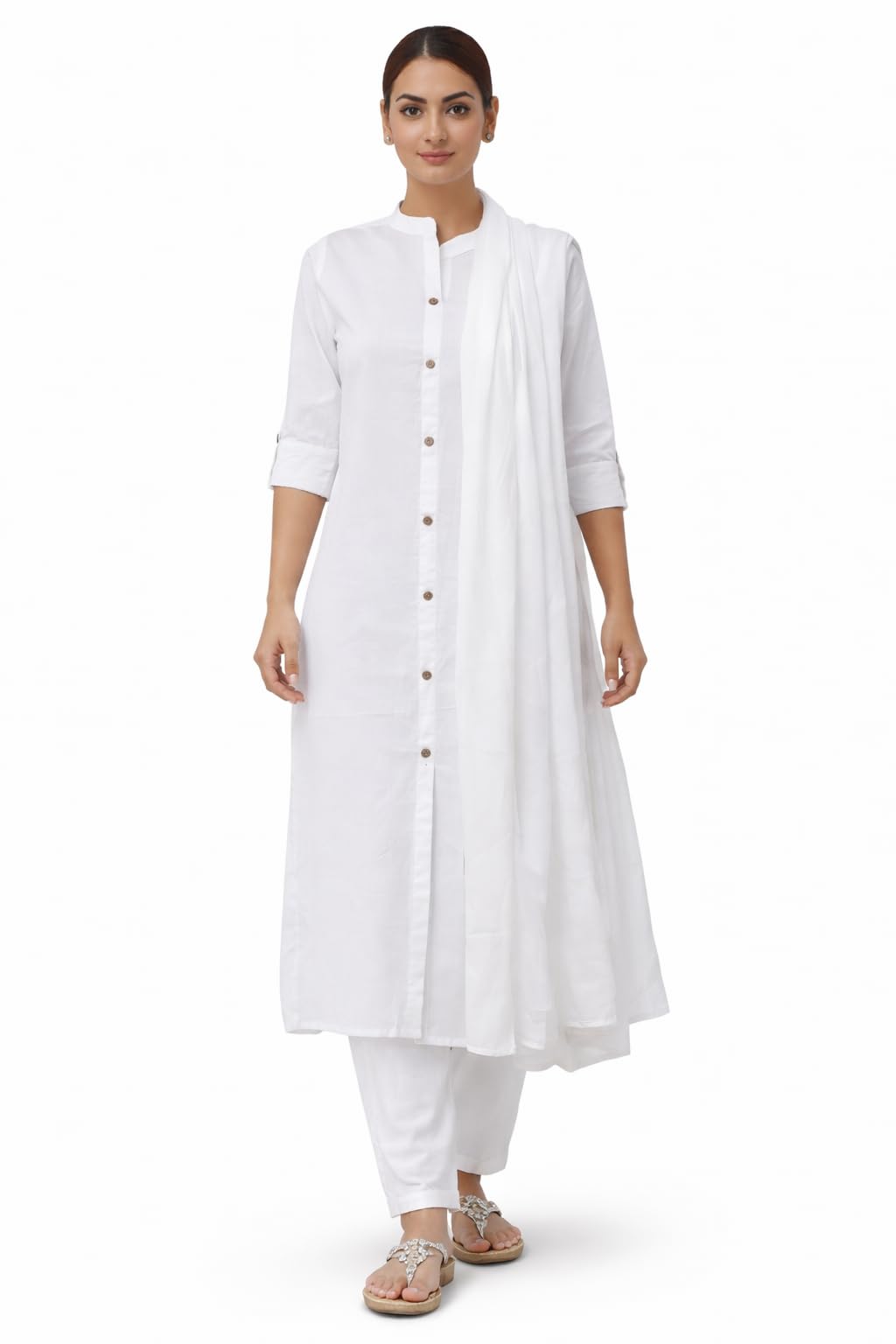 jaipur hand block Women's Pure White Cotton Button-Down Kurta with Matching Pant Set Duppatta | Mandarin Collar Calf-Length Tunic | Casual & Office Wear (S127-DU)-picture-53